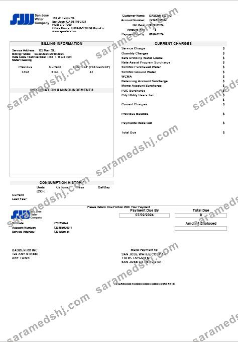 USA California San Jose Water business utility bill template in Word and PDF formats